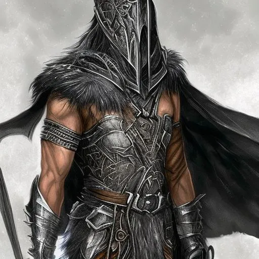 Prompt: fantasy male human warrior with worn silver armor fur colllard black cloak. done in dragonlance style 