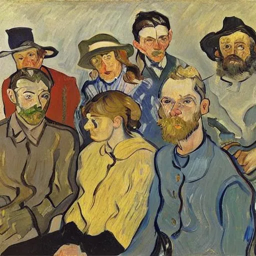 Prompt: A portrait of a group of people based on the work of several artists Van Gogh, Joaquin sorolla, Lucien freud, Alice Neel 
