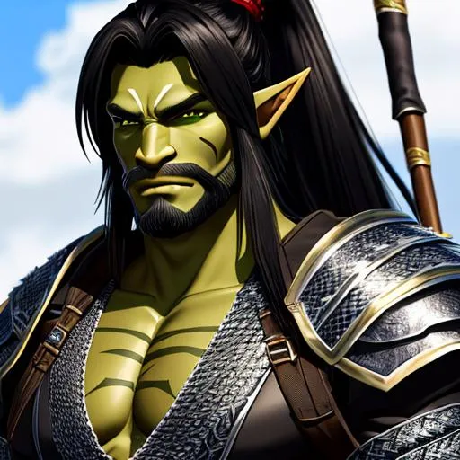 Prompt: A green skin Orc half Elf hybrid ranger with many scars on his body and with large bottom canines, wielding a shortbow, wearing ancient japanese style chainmail and hide armor with a fur tunic underneath. black japanese style ponytail, short black beard. highly detailed, symmetrical.