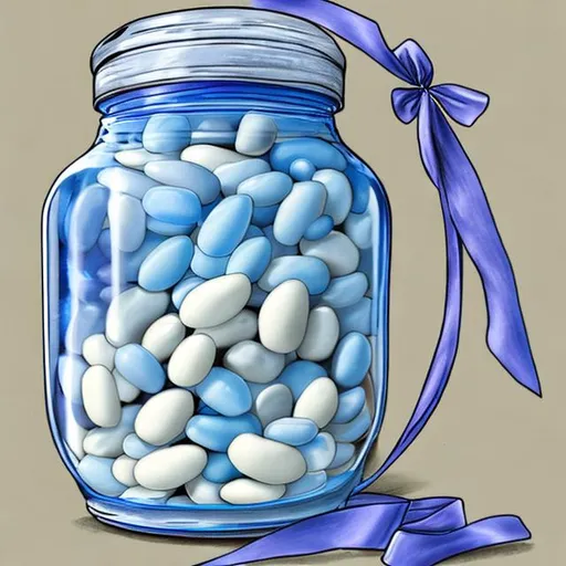 Prompt: drawing of a tall jar filled with blue and white jelly beans and jar is tied with a blue ribbon
