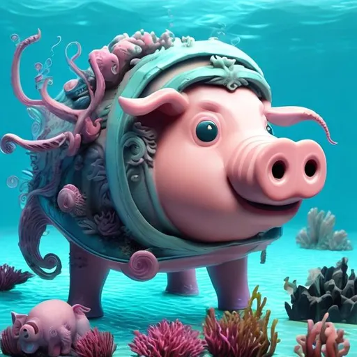 Prompt: Pig of the Deep: Craft an image of a pig with aquatic features, such as gills, fins, and tentacles, thriving in the depths of the ocean.