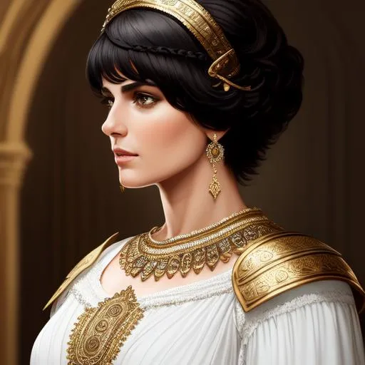 Prompt: Face Portrait of a epic character female thirty-year-old roman heroine,  large chest, intricate physique, black pixie cut hair, tanned capri-pants armour "authentic roman greek clothes"  "white tunic" oil painting style, Sparth style, Caravaggio Style, high quality, masterpiece,  highres, beautiful, handsome, biceps, UHQ  oil on canvas, cyan and brown, neon, inksplatter, acrylic painting, dynamic pose, belts,
sandals, architecture background, dramatic lighting, divine proportions 