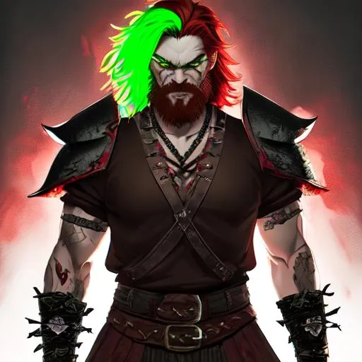 Prompt: sinister viking man, chaotic evil, red hair, short messy hair, neon green bandana around the neck, dark brown eyes with green highlights, dark brown long-sleeve shirt, pants, leather armor, two daggers, dozen throwing knives