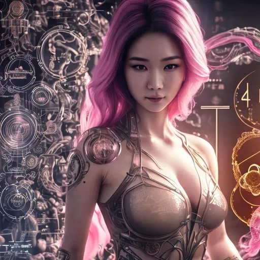 Prompt: CGI, 4K high resolution, modern style, japanese female, smirking, intricate light brown hair with pink streaks, sheer minimal clothing, cleavage, surrounded by alchemy symbols