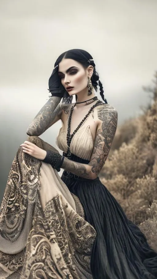 Prompt: Beautiful, Enigmatic, tattooed, Lilith, wearing a worn black dress, at the paramo, hyperrealistic, hyperdetailed, 16K, close-up, perfect composition, ambient light, textured skin, by Floria Sigismondi.