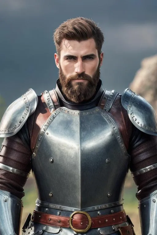 Prompt: male warrior in leather armor, very handsome face, short hair, short beard, very hairy chest, perfect composition, photo realistic, super detailed, high quality, sharp focus, studio photo, intricate details, highly detailed