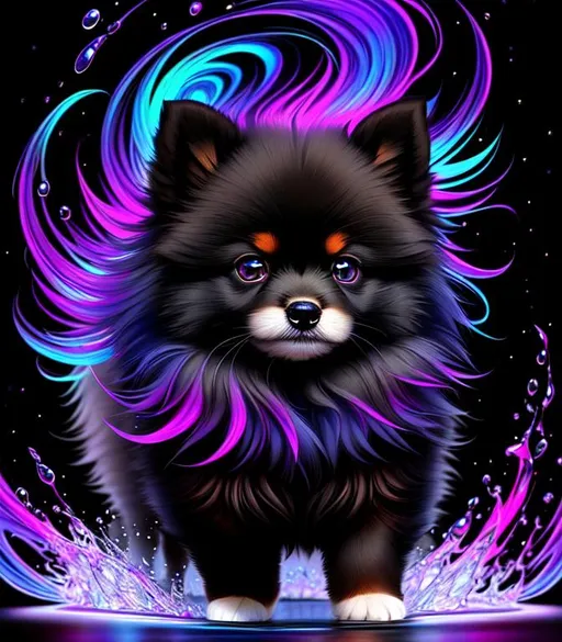 Prompt: Inky Epic Beautiful Hairy (Beautiful playful {Furry!! Pomeranian}Puppy liquid, Beautiful big reflective eyes, long flowing hair), hyper realistic,  expansive psychedelic background, hyper realistic, 8K --s99500