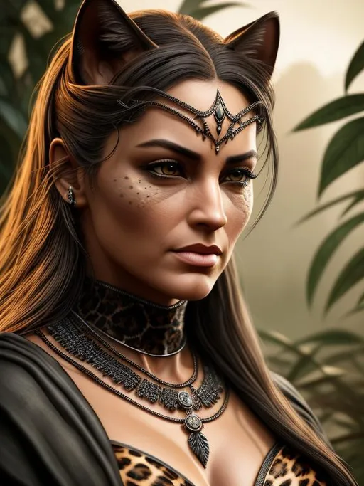 Prompt: long shot super detailed lifelike illustration, intricately detailed, dramatic lighting, large muscles, gorgeous detailed face, wearing rags, cat woman with leopards in the jungle