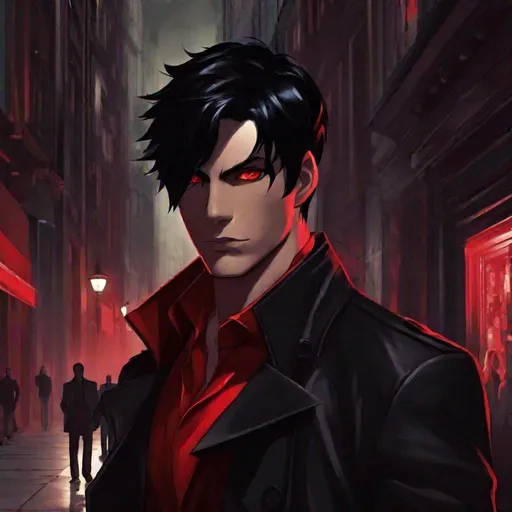 Prompt: Damien (male, short black hair, red eyes) stalking someone, with sadistic look on his face