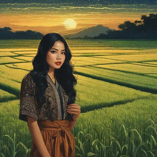 Prompt: (aerial shot), pretty young Indonesian girl, 25 year old (round face, high cheekbones, almond-shaped brown eyes, small delicate nose, long black hair), standing in middle of tropical rice field, ((looking up)), wet clothes, ((rain)), night sky with stars, masterpiece, intricate details