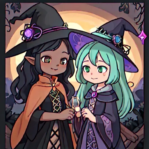 Prompt: Two witchesches - Sky witch talks to wood witch.
sky Witch, colors are sunset-themed, lacy witch hat and witch outfit.
Wood Witch, colors are Ebony, lacy witch hat and witch outfit ebony colored with wood and vine pattern


best quality, masterpiece


