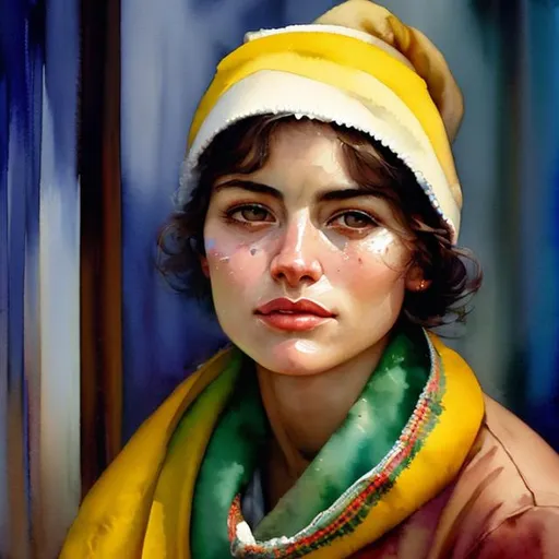 Prompt: A painter sat at his working desk, painting a watercolor portrait of a beautiful woman's face. The woman is sad, tears drop from one eye. The woman wears a pale yellow striped scarf. On her head wears a chequered pale green bandana. Masterpiece, precise brush strokes, use mainly primary colors, dark background. Elf ears, very long incisive teeths. Thomas Kincade style.
