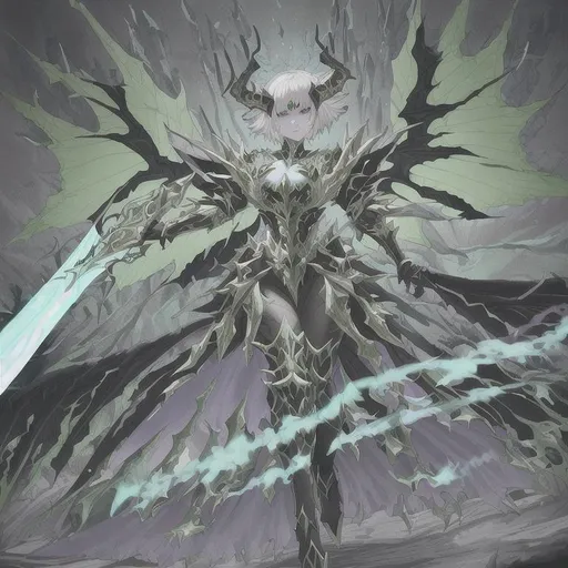 Prompt: A Full body potrait of a daughter of dragon as a darksoul boss, has a horn on her forehead, wearing a scaled cape, and full closed teared knight armor, no wings, short white hair, right hand wielding a glowing lightning dragon themed spear, and left hand wielding pale green transparent sword.