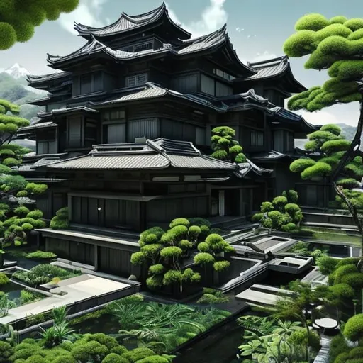 Prompt: Black futuristic mansion in Japanese style with lot of plants realistic oil paint 