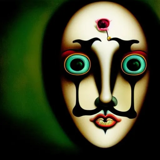 Prompt: Salvador Dali style, Mark Ryden style eyes, triadic color, backlit, wide-eyed blown pupils, mutilated, death mask, I loved her once, she loved me, now we lay rotting
 together for eternity
