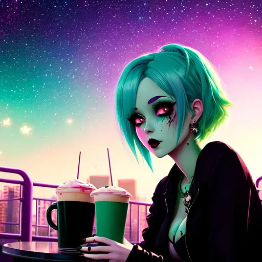 Prompt: Cute Pixar style painting of a beautiful zombie woman, pale green skin, pastel pink and blue hair, black and pink goth clothing, sunset, sitting in a cafe, muted, blood spatter, dirty, trash, apocalypse background, color pallette, vaporwave, soft light, backlit, stars