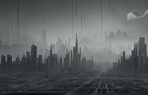 Prompt: dystopian landscape grey simple lifeless  city
