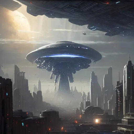 Prompt: First Contact, a massive Alien spaceship hovering over an American city, concept art, super detailed, 8k, high quality, Mass Effect, trending art, trending on artstation, sharp focus, intricate details, by greg rutkowski