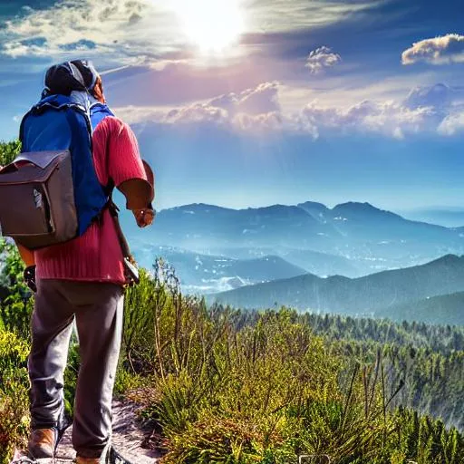 Prompt: Fantasy, a item tardesman at a sunny mountain near the beach caring a backpack