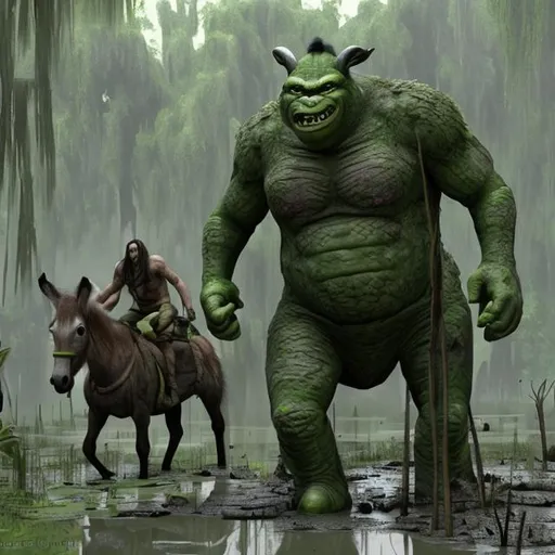 Prompt: Tall green ogre in a swamp filled with mud and a donkey standing on four legs
