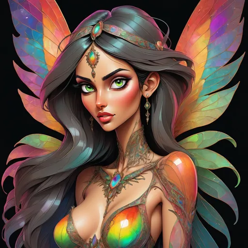 Prompt: vibrant inkpunk style photo of a full body bare breasted Arabian woman with beautiful eyes with fairy wings made of Ammolite, she is feeling pleasure, detailed tulipa, intricate detailed linework, intricate eye details, beautiful colors, high quality, detailed wings, elegant, intricate linework, vibrant colors, inviting pose, professional, atmospheric lighting