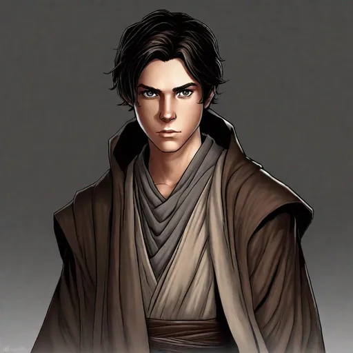 Prompt: 20-year-old Jedi, Dark brown layered robes over grey tunic, Brown cloak with big hood, layered robes, brown robes, short black hair pulled back, brown Jedi belt, square chin, young man, detailed art, high quality texture, Star Wars character art, dark brown and grey Jedi robes, grey tunic, black vest, realistic lighting, studio lighting on face, detailed texture, crewcut hair, High quality art, Detailed digital art, dynamic lighting, hood up, big hood, 