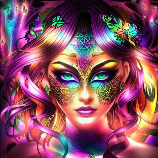 Prompt: beautiful freeform colorful chaos epic bold, 3D, HD, {one}({liquid metal {Celtic}butterfly} with {purple gold pink green red silver blood}ink), Big beautiful eyes, expansive psychedelic background --s99500 