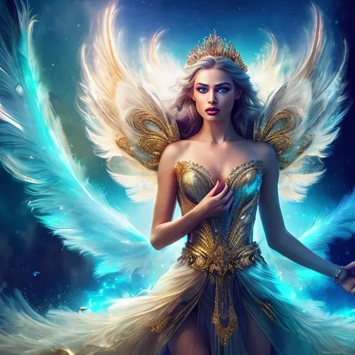 Prompt: HD 4k 3D 8k professional modeling photo hyper realistic beautiful woman ethereal greek goddess of women and sky, Queen of the Gods
blue hair blue eyes gorgeous face fair skin gold shimmering regal dress jewelry and tiara full body surrounded by magical glowing light hd landscape background of enchanting mystical clouds feathers birds and peacock feathers