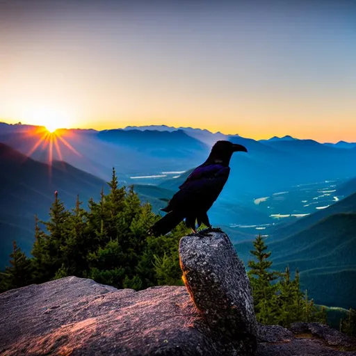 Prompt: black raven, sitting on a cliff, overlooking a valley, mountains in the background, sunset