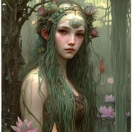 Prompt: Portrait Druid witch Girl with pretty detailed face and sea foam green hair in a swamp at sunset with lush lotus leaves and peach water lilies and hanging lanterns by John bauer high contrast John William Waterhouse high bloom concept art