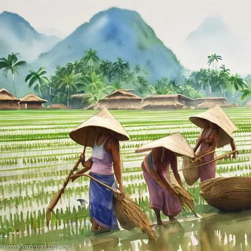 Prompt: Harvesting rice midday in the Philippine tropical countryside in watercolor