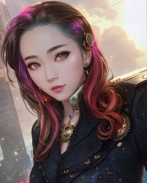 Prompt: A steampunk AleXa, kpop idol, in a dystopian city and blue cloudy sky, abstract, glitchy, haunting, surreal, dreamy, 4k, futuristic details and bronze clockwork, realistic, painterly, whimsical, enchanting, charming, portrait, delicate details