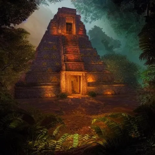 Prompt: glowing mesoamerican temple in the jungle, otherworldly, high definition, extremely detailed, steampunk,  vivid cinematic lighting. epic concept art. artherm and rutkowski. esoteric.

