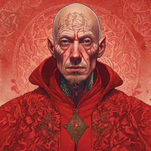 Prompt: A detailed portrait of a Red Wizard of Thay. He is bald, with mystical tattoos covering his head, wears a deep red robe, has a cruel expression and his eyes crackle with mystical power.