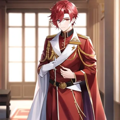 Prompt: Zerif male (Red half-shaved hair covering his right eye) 4k, wearing a royal uniform, hand over his chest bowing