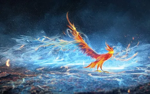 Prompt: a realistic phoenix looking directly at you with a conquering expression coming out of the fire.