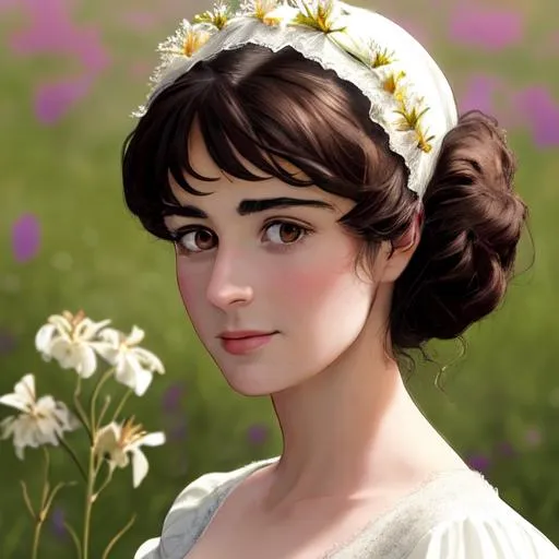 Prompt: Elizabeth Bennet from Pride and Prejudice, Elegant, 18th century white  ball dress, elegant dark hair, brown eyes, 21 year old, beautiful girl with a background of wildflowers, closeup