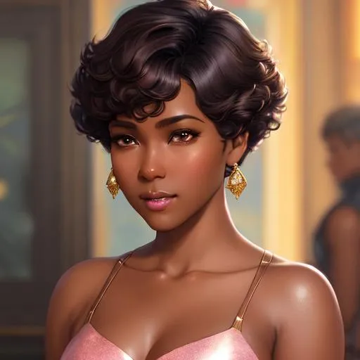 Prompt: short hair, Girl with dark skin, lose bronze curls, clear brown eyes, wearing a sliver glittering dark pink dress, close up, extremely detailed, novel realistic. Krenz Cushart + loish +gaston bussiere +craig mullins, j. c. leyendecker +Artgerm, oil painting texture oil painting effect. 