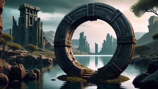 Prompt: magical portal between cities realms worlds kingdoms, circular portal, ring standing on edge, upright ring, freestanding ring, hieroglyphs on ring, broken ring, ruins, crumbling pillars, broken archways, ancient roman architecture, lakeside wilderness setting, panoramic view, futuristic cyberpunk tech-noir setting