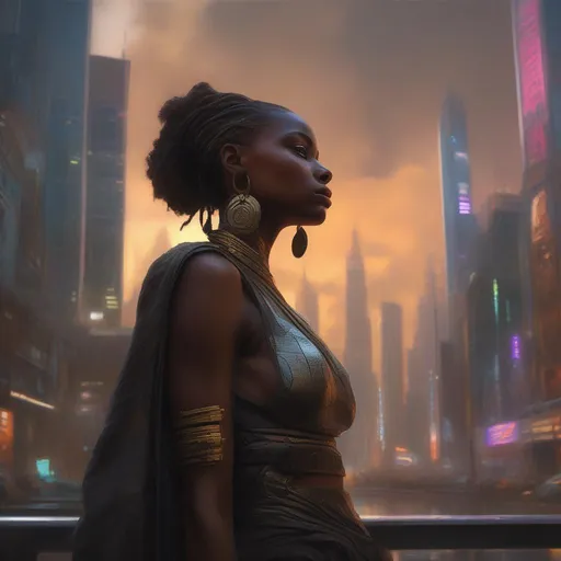 Prompt: beautiful African cyberpunk futuristic dramatic pose, city, insane details, volumetric lighting, reflection, cinematic film look, super realistic orientalist portrait by john william waterhouse and james gurney and theodore ralli and nasreddine dinet, oil on canvas. cinematic, hyper realism, realistic proportions, dramatic lighting, high detail 4 k