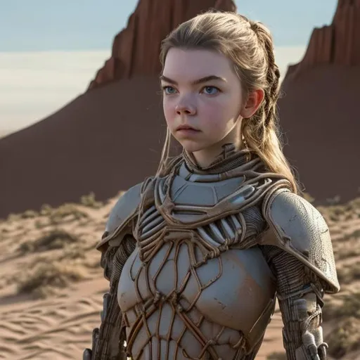 Prompt: anya taylor-joy, detailed face tall, ghilli suit, spy suit, ghili suit, stillsuit dune, desert tan, scifi