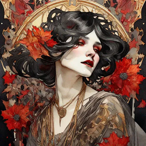 Prompt: "thin lines, Alphonse Mucha dynamic lighting hyperdetailed intricately detailed Splash art triadic hard colors, watercolour Portrait of female vampire covered in black flowers, roaring 20s aesthetic, Black and red, masterpiece hyperrealistic soft watercolour Portrait, thin Paintbrush floral, high Resolution, gold autumn Ornaments"