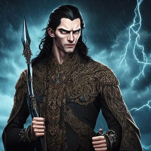 Prompt: an unnaturally tall man with sleek wavy shoulder length  black hair, dark tan skin, light blue eyes, wearing a royal blue long coat with intricately embroidered runes on it. His expression is like a storm and he is holding a sleek metal spear with runes carved onto it
