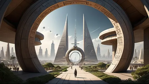 Prompt: human-scale circular portal, portal leads to other cities realms worlds kingdoms, ring standing on edge, freestanding ring, hieroglyphs on ring, complete ring, obelisks, pyramids, futuristic towers, garden plaza, large wide-open city plaza, wide vista view, futuristic cyberpunk dystopian setting