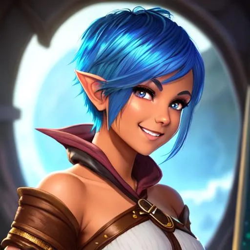 Prompt: oil painting, D&D fantasy, tanned-skinned-gnome girl, tanned-skinned-female, short, beautiful, short bright blue hair, long pixie cut hair, smiling, pointed ears, looking at the viewer, Wizard wearing intricate adventurer outfit, #3238, UHD, hd , 8k eyes, detailed face, big anime dreamy eyes, 8k eyes, intricate details, insanely detailed, masterpiece, cinematic lighting, 8k, complementary colors, golden ratio, octane render, volumetric lighting, unreal 5, artwork, concept art, cover, top model, light on hair colorful glamourous hyperdetailed medieval city background, intricate hyperdetailed breathtaking colorful glamorous scenic view landscape, ultra-fine details, hyper-focused, deep colors, dramatic lighting, ambient lighting god rays, flowers, garden | by sakimi chan, artgerm, wlop, pixiv, tumblr, instagram, deviantart