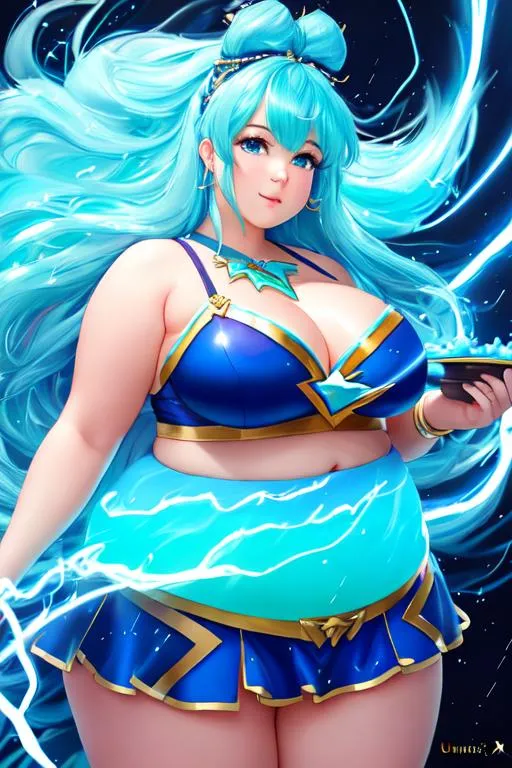 Prompt: oil painting, UHD,  8k, Very detailed, panned out, cute chubby female lightning elemental with flesh that is bluemade of lightning, visible face she is made of lightning, fat thighs, fat belly, she has flowing hair, she wears a turquoise Japanese skirt, a turquoise cloth across her chest, she is messily eating a giant cake