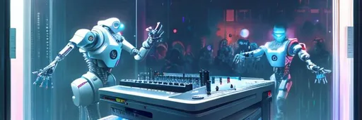 Prompt: robot as a dj behind a window with dancing happy people, perfect composition, hyperrealistic, super detailed, 8k, high quality, trending art, trending on artstation, sharp focus, studio photo, intricate details, highly detailed, cyberpunk, by greg rutkowski