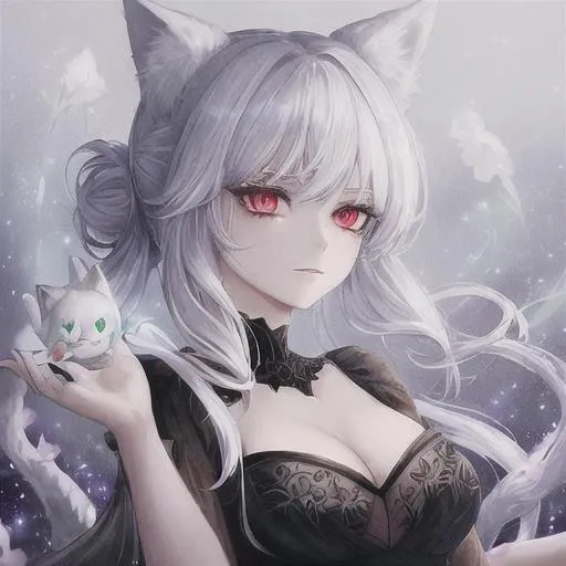Prompt: an elegant,cat girl,with frosty white hair,and red eyes,with space buns,holding star flowers,with a beautiful black gown