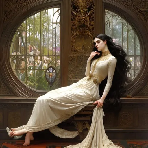 Prompt: Full body splash art, skinny male, poet, very long dark hair, pale skin, victorian clothes, elegant, highly detailed, intricate, smooth, sharp focus, artstation, digital paining, concept art, art by greg rutkowski, alphonse mucha and John William Waterhouse, dark, eerie, gothic, creepy, romantic