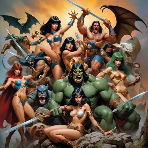 Prompt: Lets create an epic  fantasy, game, and comic-characters "crossover collage" or "ensemble montage". 
This scene is rich in detail in the style of Boris Vallejo, with each character uniquely designed yet evoking the essence of familiar archetypes, providing a tribute to the beloved heroes and villains of various media in a setting that is both new and timeless.